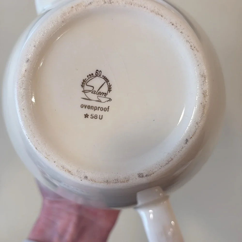 Vintage Salem China White Ceramic Teapot with Turquoise Lid and Leaf Motif